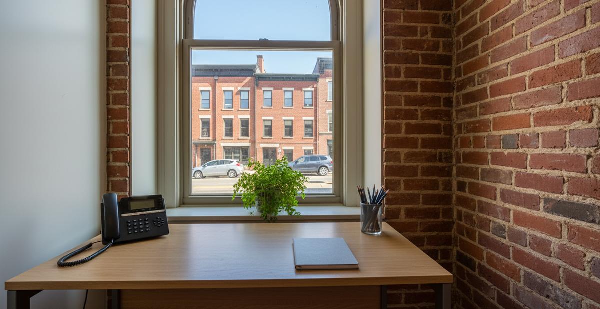 A desk phone, a closed notebook and a glass of pencils on a wooden desk by a tall window in an office with exposed brick walls.