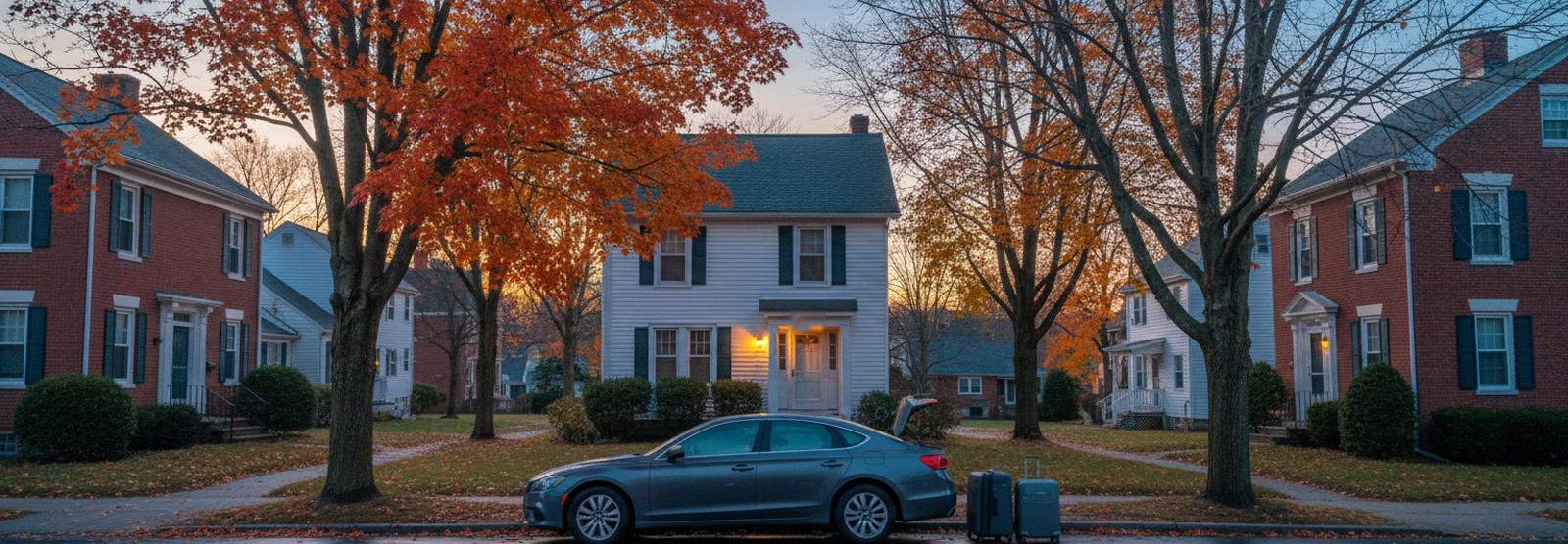 A dark gray sedan at the curb of a street of brick and white clapboard houses before sunrise in October, its trunk open and two suitcases on the sidewalk, a porch light on.