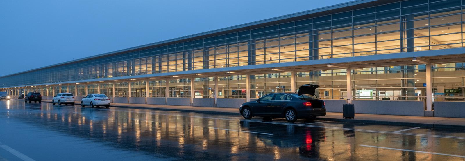 A dark sedan with its trunk open at the drop-off road of a glass terminal building before dawn, a suitcase beside it on the wet pavement.