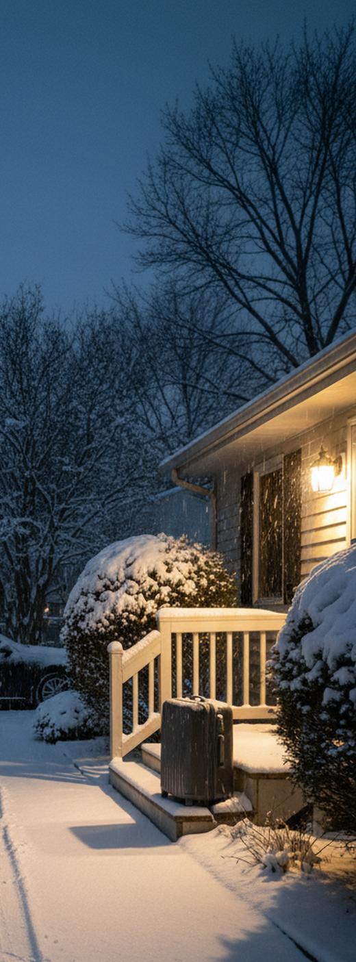 A snowy driveway before dawn with fresh tire tracks, a lit porch with a white railing and a suitcase waiting on the step.